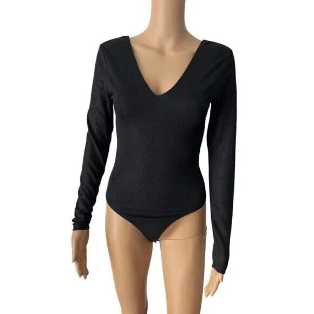 Abound BNWOT womens black glitter vneck bodysuit sz Large long sleeve thong back
